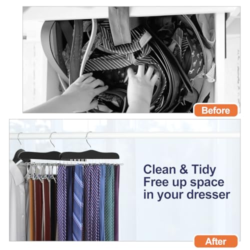 Black Wooden Tie Rack Organizer with 24 Folding Hooks - Space Saving Closet Storage