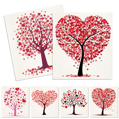 Whaline 6 Pcs Valentine's Day Dishcloths - Heart Tree Design, 7x8 Inch