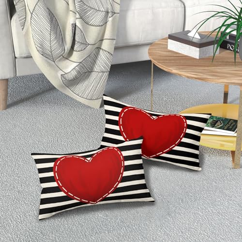 Valentine's Day Heart Lumbar Pillow Covers, 12x20 Inch Black & White, Set of 2