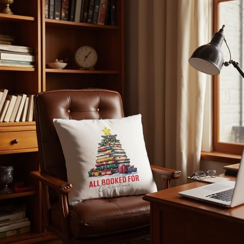 Christmas Book Tree Pillow Cover 18x18 - Book Lover Gift - 4 Color Options