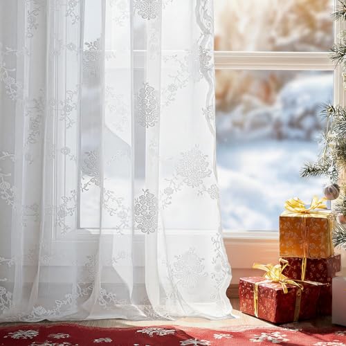 NICETOWN Lace Sheer Curtains Christmas Decor 84 Inches Long for Bedroom, Shabby Chic Rose Flora Semi White Sheer Curtains for Living Room French Door, 1 Pair, Rod Pocket, 52 x 84 Inch, Ivory White