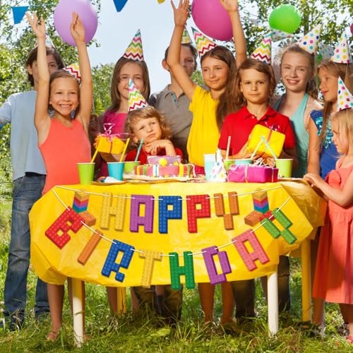 Building Block Happy Birthday Banner Colorful Brick Party Decorations
