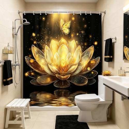 Black Gold Lotus Flower Shower Curtain, 70 x 70 Inch - Boho Design