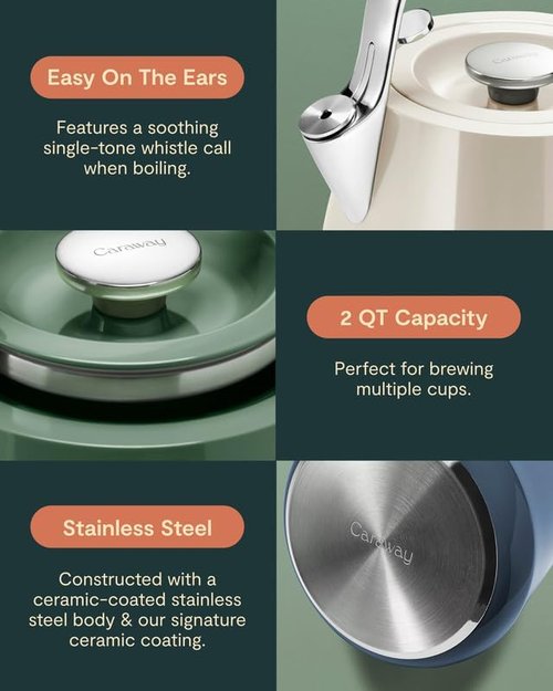 Caraway 2 Quart Whistling Tea Kettle - Durable Stainless Steel, Fast Boiling - Non-Toxic & PTFE Free - Cream