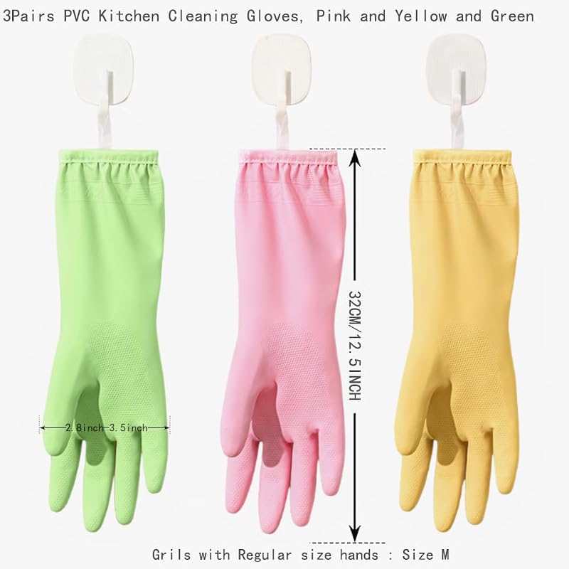 XAZISUYE Dishwashing Gloves - 3 Pairs, Medium, Pink Yellow Green