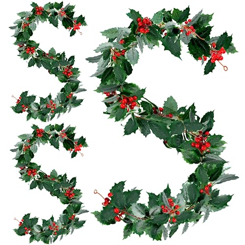 Christmas Garlands 3 Pack - 5.7 ft Faux Berry Holly Leaves Holiday Decor