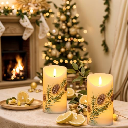 Flameless Candles with Pine Cones & Trees, 6H Timer, Safe Battery Operated Decor