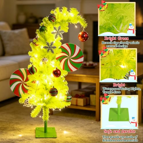 3ft Green Grinch Christmas Tree with Ornaments & Skirt - Waterproof LED Lights