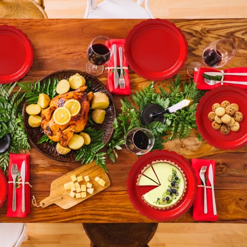 Vyntra 7-Inch Scalloped Paper Dessert Plates, Red, 50-Pack