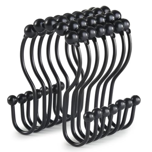 Goowin Black Stainless Steel Shower Curtain Hooks - 12 Pcs, Rustproof & Smooth Sliding