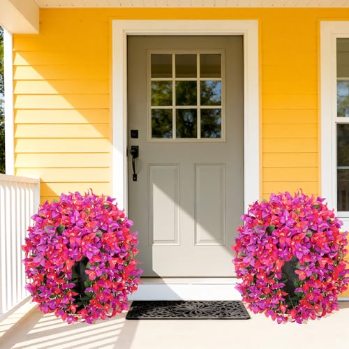 Artificial Bougainvillea Hanging Plants - 2 Pack Outdoor Faux Flowers, Fuchsia & Purple Hotpink
