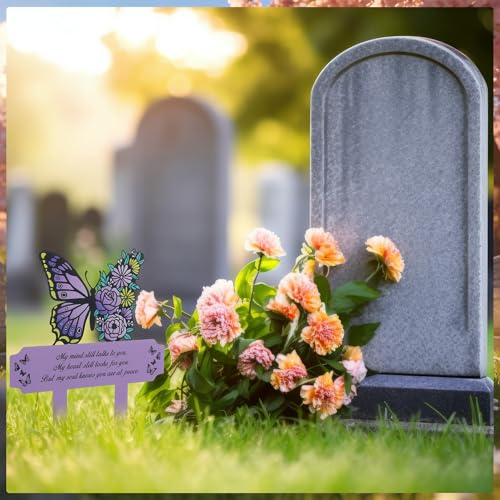 Purple Butterfly Memorial Grave Marker for Mom Dad, Metal Cemetery Plaque