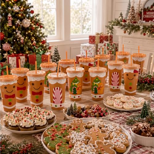 24 oz Christmas Cups with Lids & Straws - Gingerbread Style, 24 Pieces
