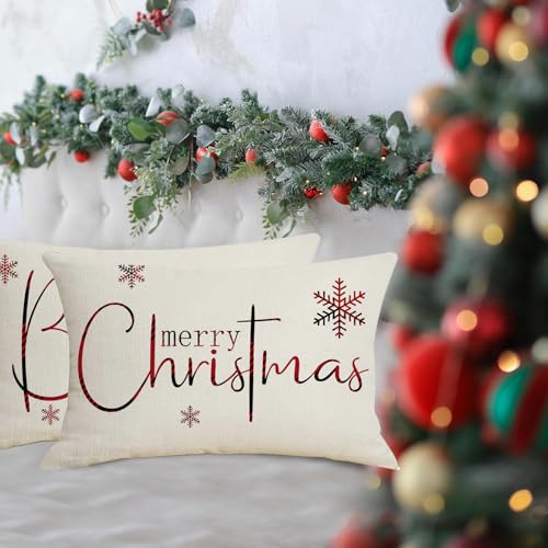 Merry Christmas Pillow Covers - Set of 2, 12x20 Inch Decorative Cushion Cases