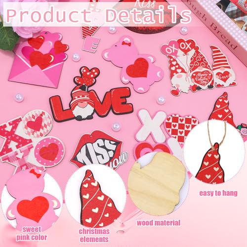 KICOSY 40PCS Pink Valentine's Day Ornaments - Hanging Heart & Gnome Decor Set