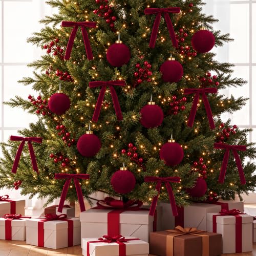 Burgundy Christmas Velvet Ornament Set with Balls Bows & Berries - 51 Pieces