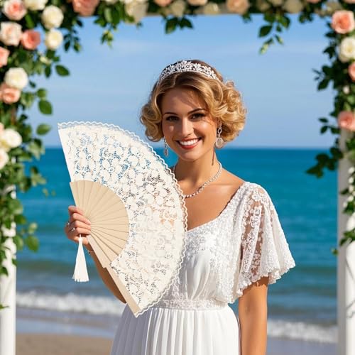 Yellow Lace Handheld Fan - Bamboo Folding Fan for Weddings & Parties