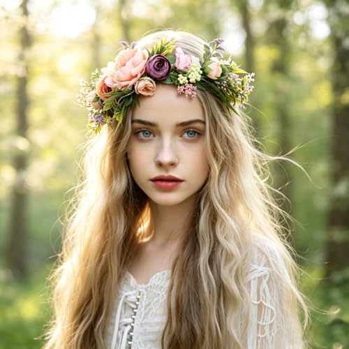 Floral Crown Rose Headband Adjustable Flower Halo for Wedding Party