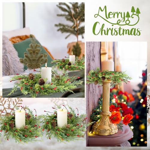 Cedar Artificial Christmas Candle Rings Set of 12 - 9 Inch Wreaths with Berries Pinecones