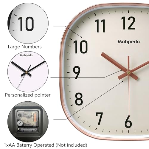 Mabpedo 8 Inch Rose Gold Square Silent Wall Clock - Battery Operated