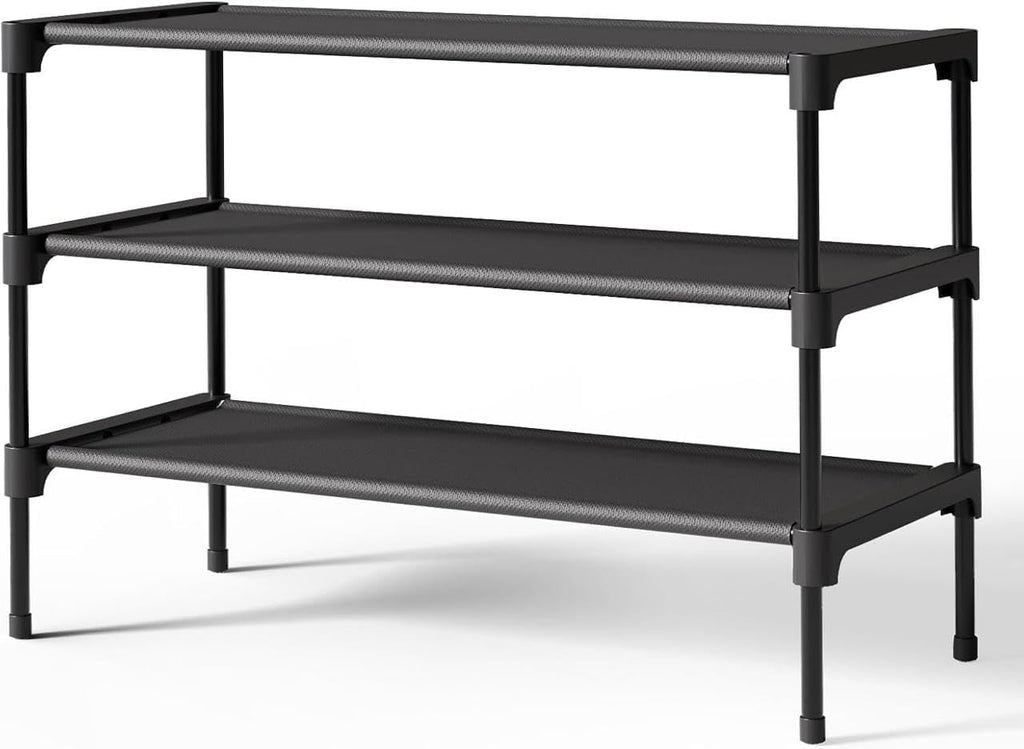Non-Woven Shoe Rack by [Brand Name] - Stackable 3-Tier Organizer for Closet & Entryway - Black