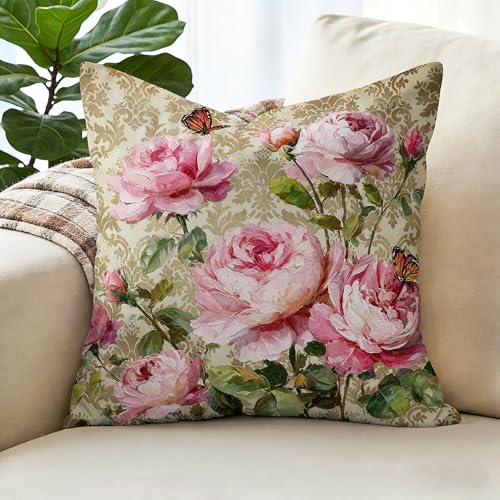Vintage Pink Rose Floral Pillow Covers 18x18 Inch Set of 2