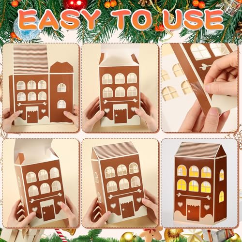 Large 8-Inch Christmas Cardboard Village Houses Set with LED Candles - Brown / Gingerbread