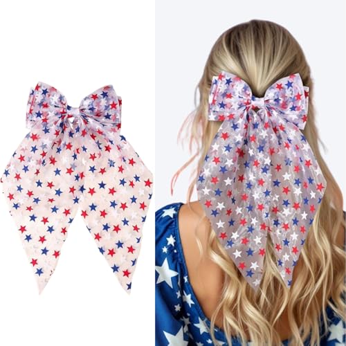 Patriotic 4th of July Hair Bow Clip - Red White Blue Star Tulle Barrette