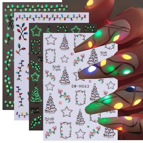 ZOAZJINAZ 4 Sheets Christmas Luminous 3D Nail Art Stickers Decals