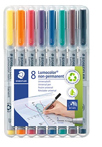 STAEDTLER Lumocolor Non-Permanent Wet Erase Pens, 8 Pack Super Fine Tip
