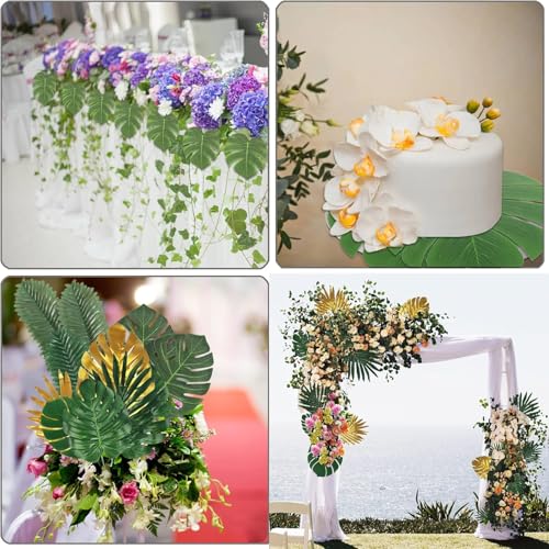 50pcs Artificial Palm Leaves Set, Green & Gold Tropical Jungle Decor