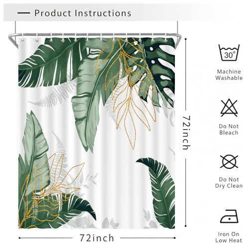 Tropical Palm Leaf Shower Curtain, Green Gold Monstera, 72x72 Inch