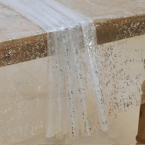 Elegant White & Silver Glitter Tulle Tablecloth 58x84 Inch
