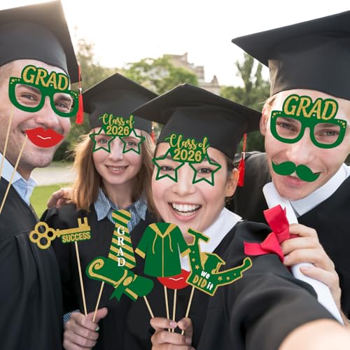 Avezano Class of 2026 Graduation Photo Booth Props - 21 Pcs Green and Gold Party Supplies