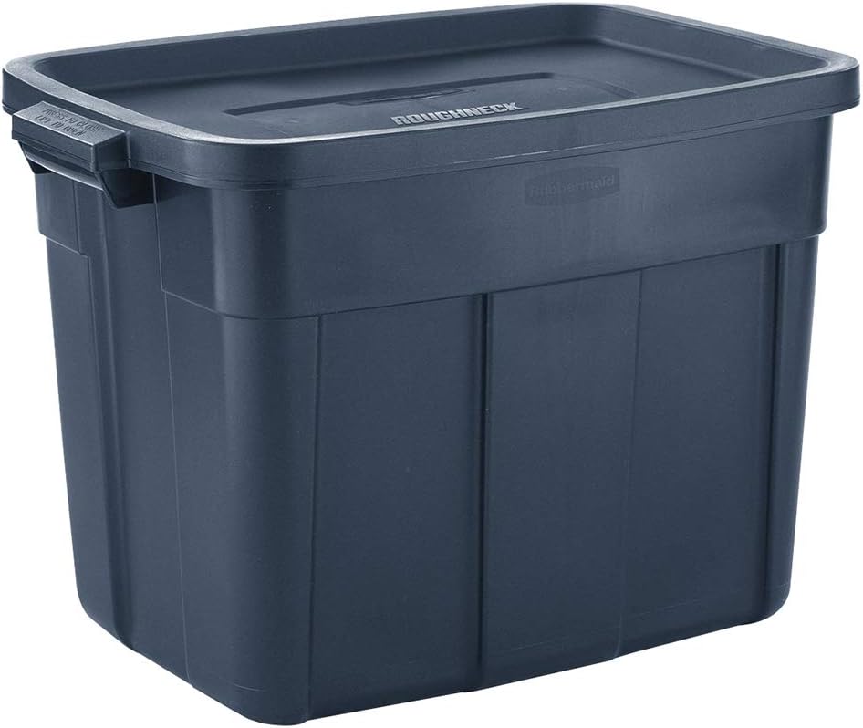 Rubbermaid Roughneck Tote - Durable Dark Indigo Metallic Storage Bins with Lids & Handles | Pack of 10