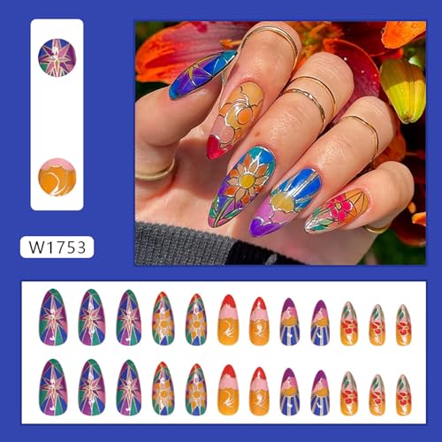 FIEONCIY Glossy Almond Press On Nails with Floral Designs and Charms