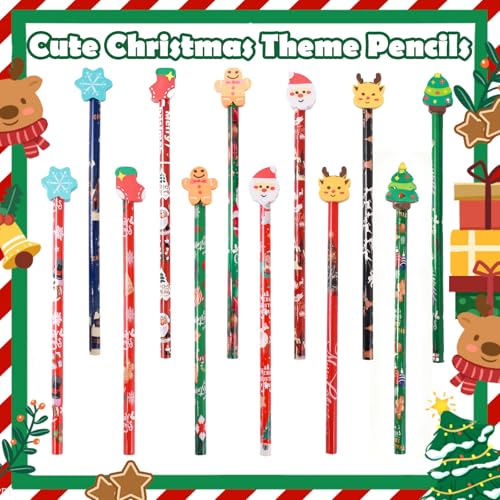 12 Pcs Christmas Pencils Bulk with Erasers - Christmas Style - Festive Holiday Designs