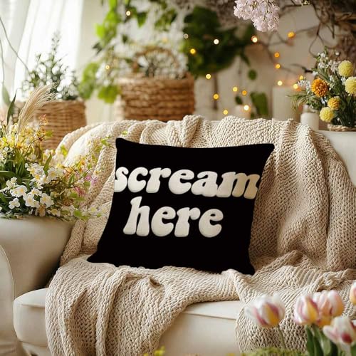 Scream Here Decorative Throw Pillow Cover, 18x18 Inch Retro Groovy Cushion Case