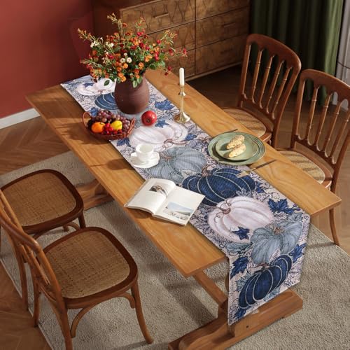 Heirloom Haven Vintage Blue Pumpkin Fall Table Runner 13x72 Inch