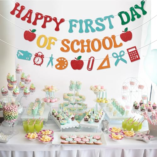 Happy First Day of School Banner - Colorful Glitter Decor