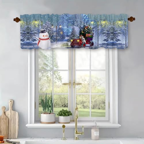 Blue 54x18 Inch 2 Panel Window Valance – Rustic Xmas Snowflake Pine Tree Snowman