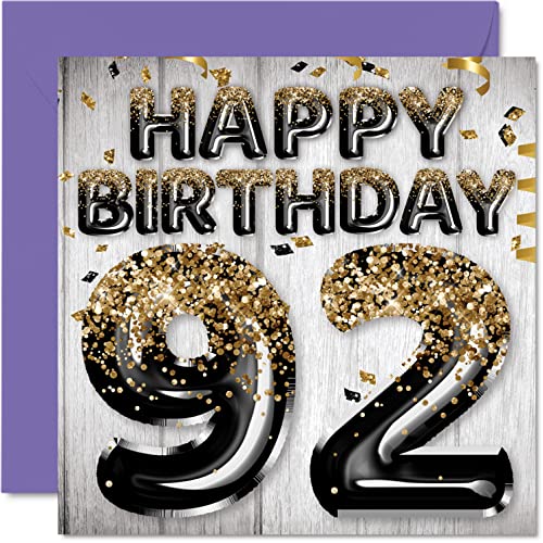 92nd Birthday Card for Him - Black & Gold Glitter Balloons