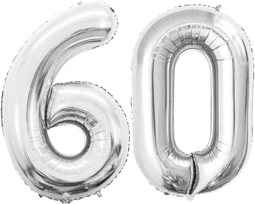 GOER 60th Birthday Balloons - 42 Inch Jumbo Silver Foil Helium Decorations for Anniversary Celebrations
