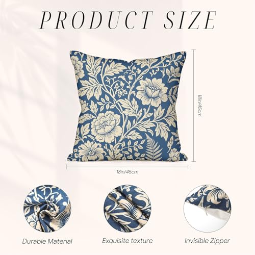 William Morris Floral Pillow Covers Set of 4 - 18x18 Inch Vintage Botanical Design