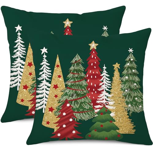 Green-02 Christmas Tree Throw Pillow Covers, 18x18 Inch Linen Set of 2