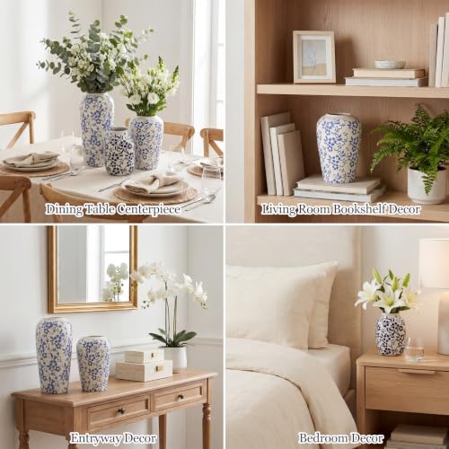 Rustic LemonRoad 3 Pack Chinoiserie Blue and White Ceramic Vases - Floral Decor
