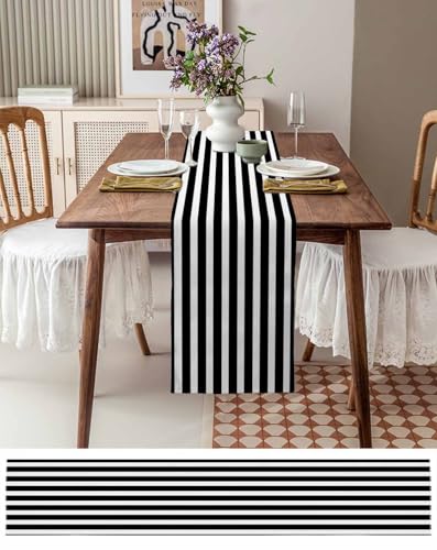 Black White Striped Table Runner 13x48 Inches for Dining & Holiday Decor - Farmhouse Style
