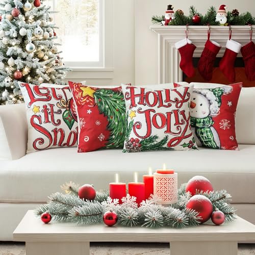 OTOSTAR Christmas Throw Pillow Covers 20x20 Inch, Set of 4 Red Holiday Decor