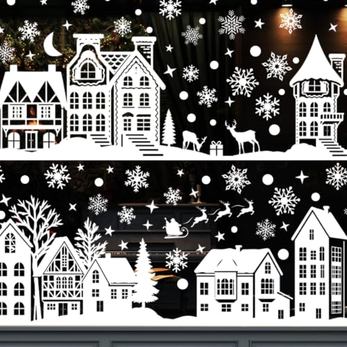 Christmas Village Window Clings Set - Extra Large Snowflake & Elk Design, 2 Sheets, White Theme