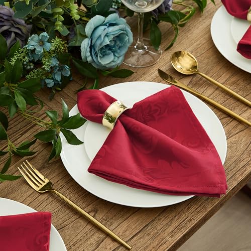 17x17 Red Damask Fabric Napkins Set of 4 - No Iron, Soil Resistant, Holiday Dinnerware